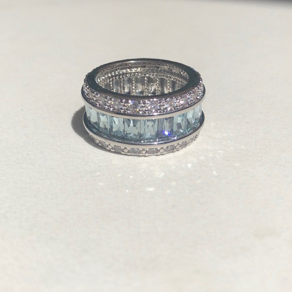 Aquamarine & Crystal Bling Band Silver Ring - Picture 8 of 8